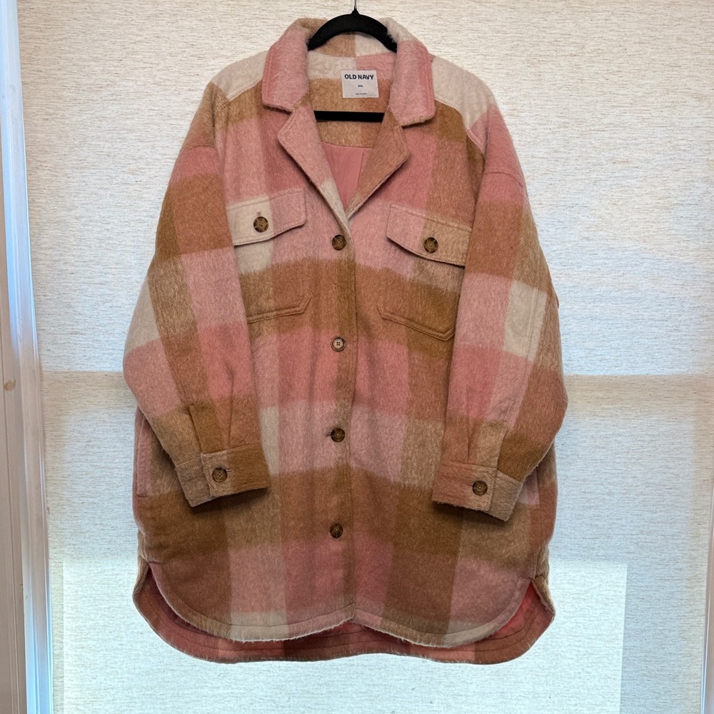 Old Navy Women's Pink and Brown Checkered Utility Jacket